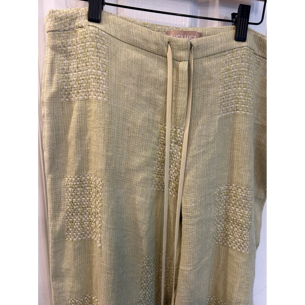 Luca Luca Pants Green Linen Cotton Wide Leg Basketweave Drawstring Trousers 46 - Picture 2 of 7